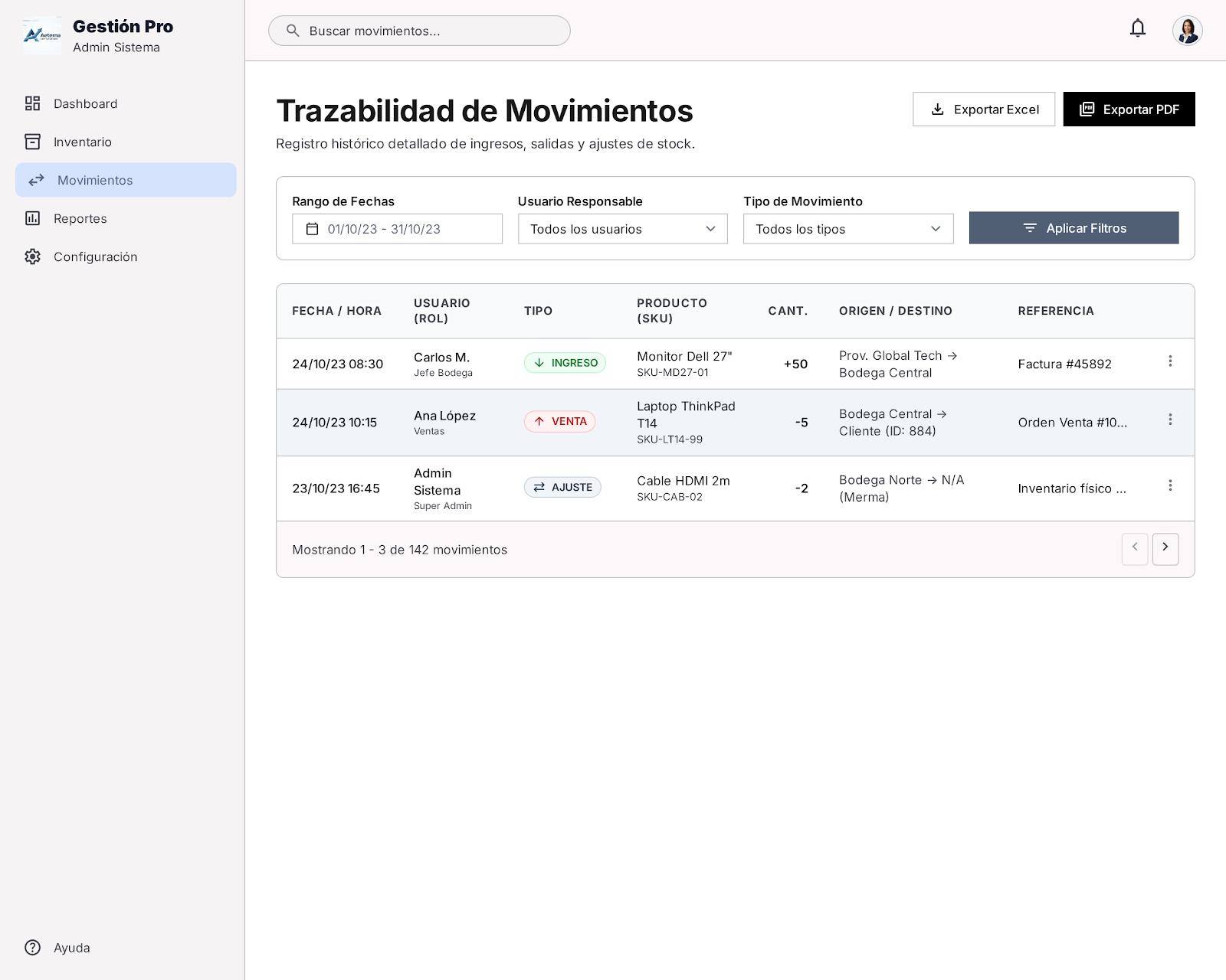 Historial de movimientos auditado
